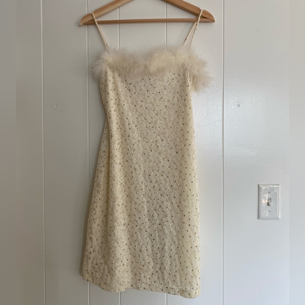 SOLD Sparkly Lace Feather Trim Mini Dress
